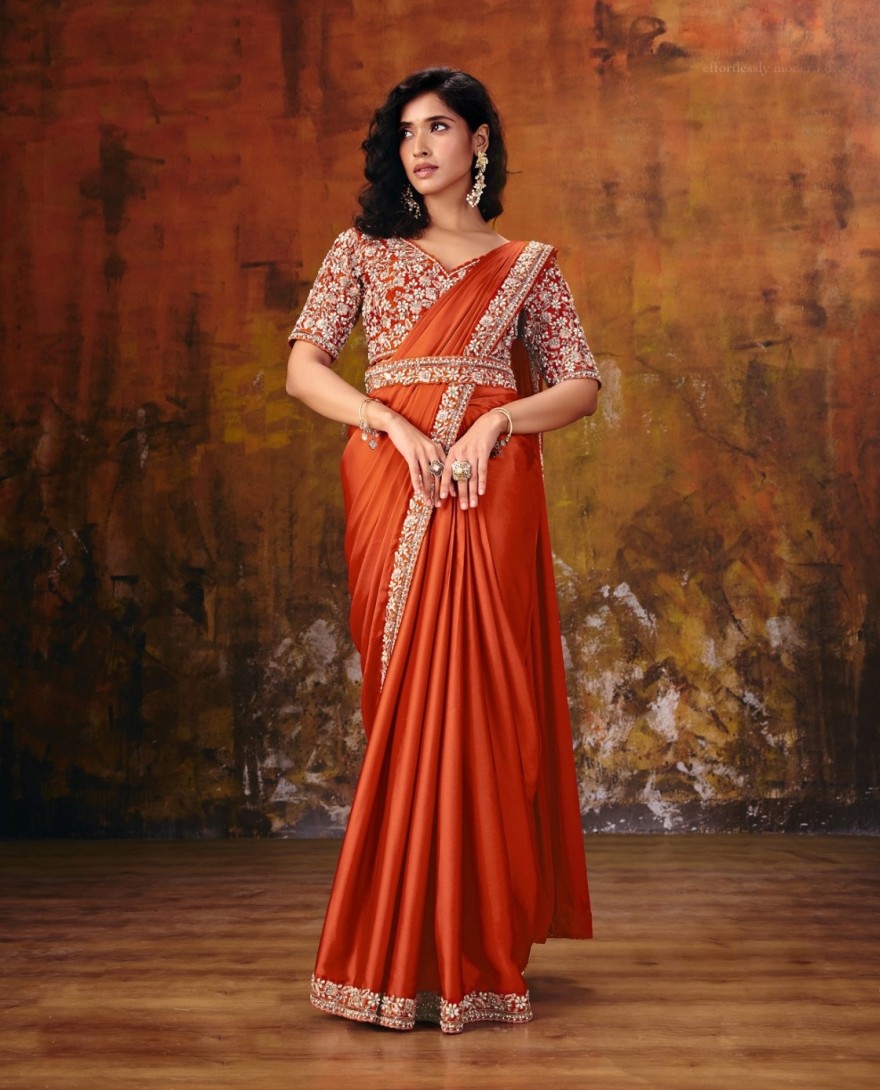 27105 - Orange Embroidered Wedding Party Designer Saree